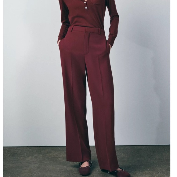Zara Pants - ZARA Pants High Waist Straight Leg Red Burgundy Crepe Women M 2244/119